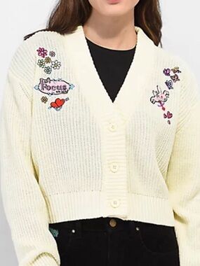 Broken Promises x Happy Bunny Focus On Me Cardigan Ivory Crop Sweater NWOT